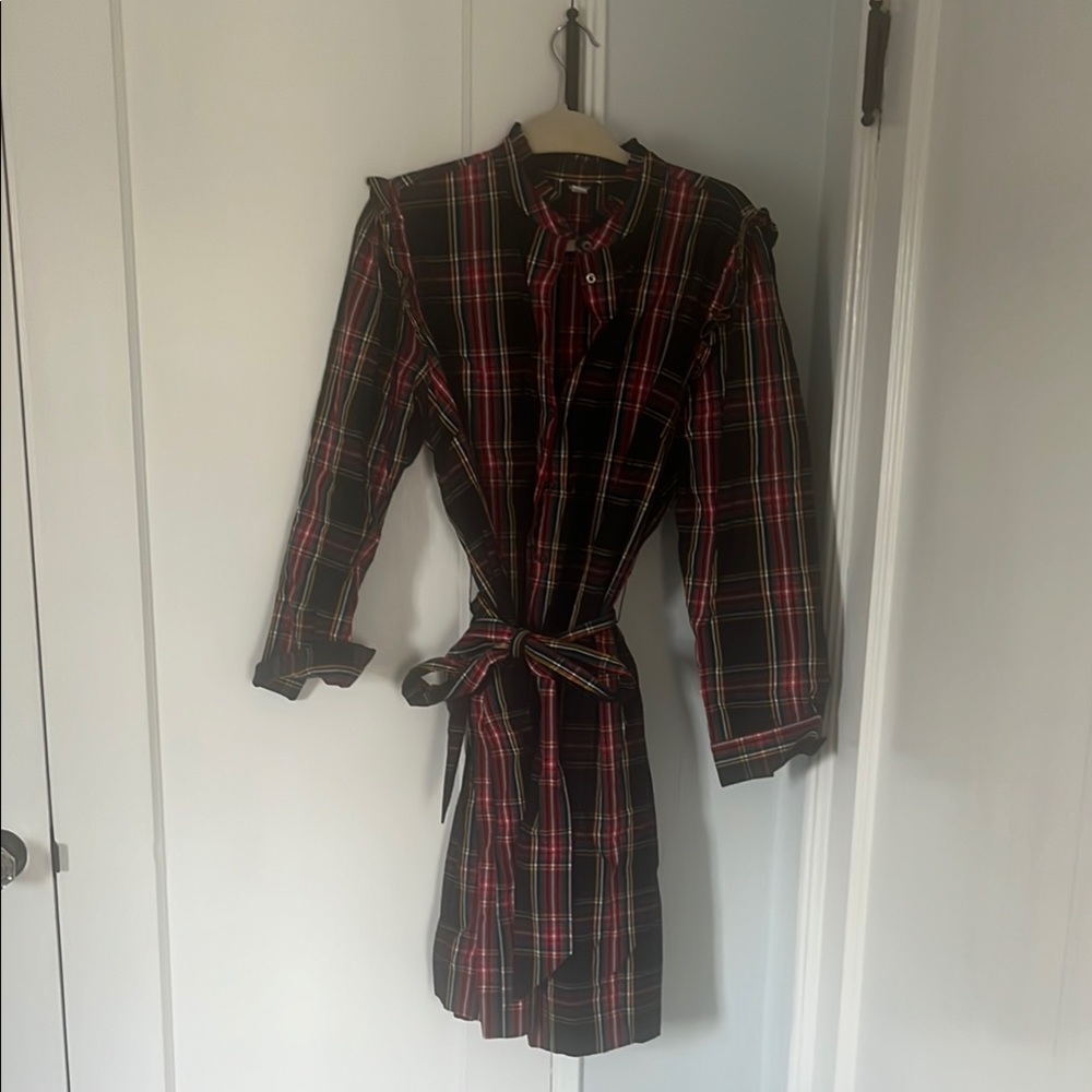 J. Crew Red and Black Wrap Midi Dress with Long Cuffed Sleeves